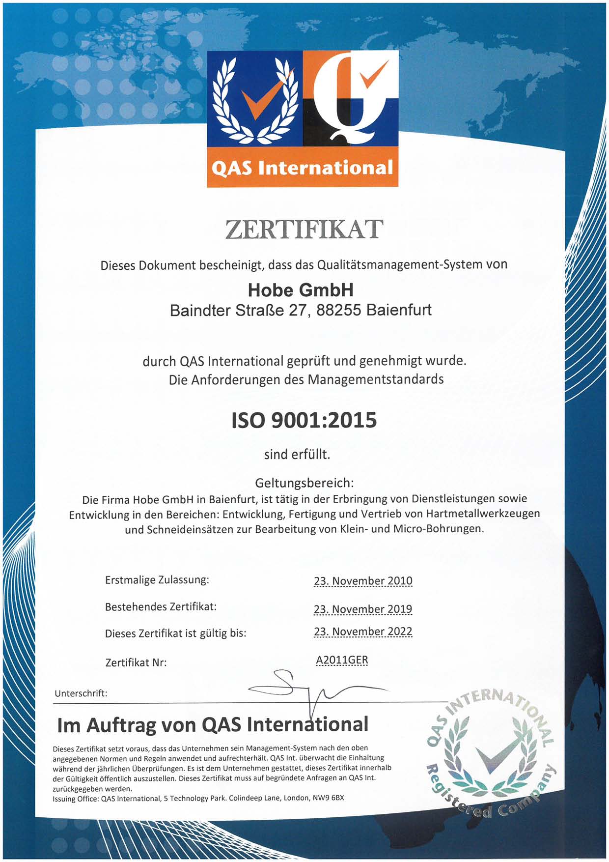 Zertifikat ISO 2016